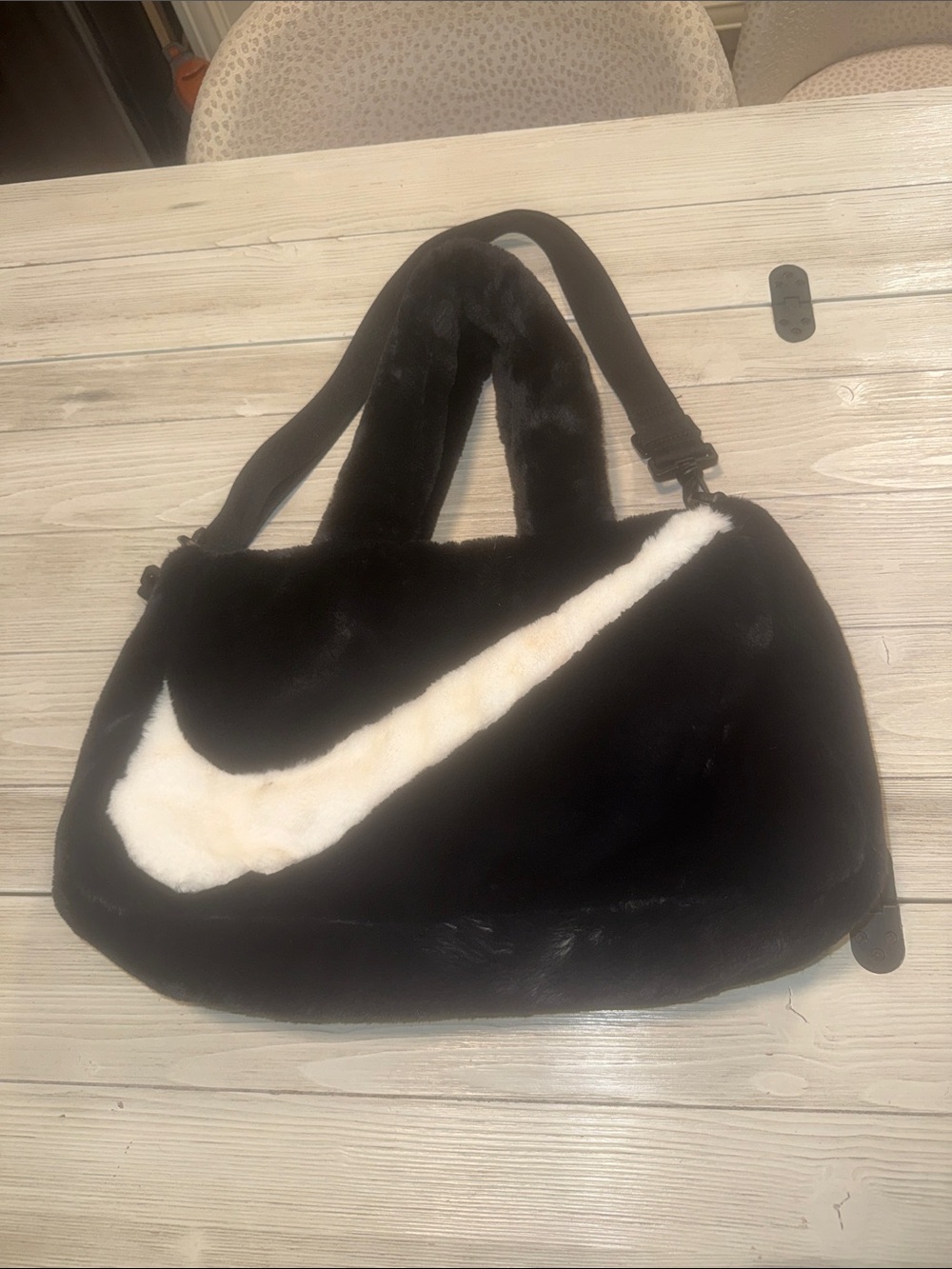 Nike Black Faux Fur Shoulder Bag with White Swoosh